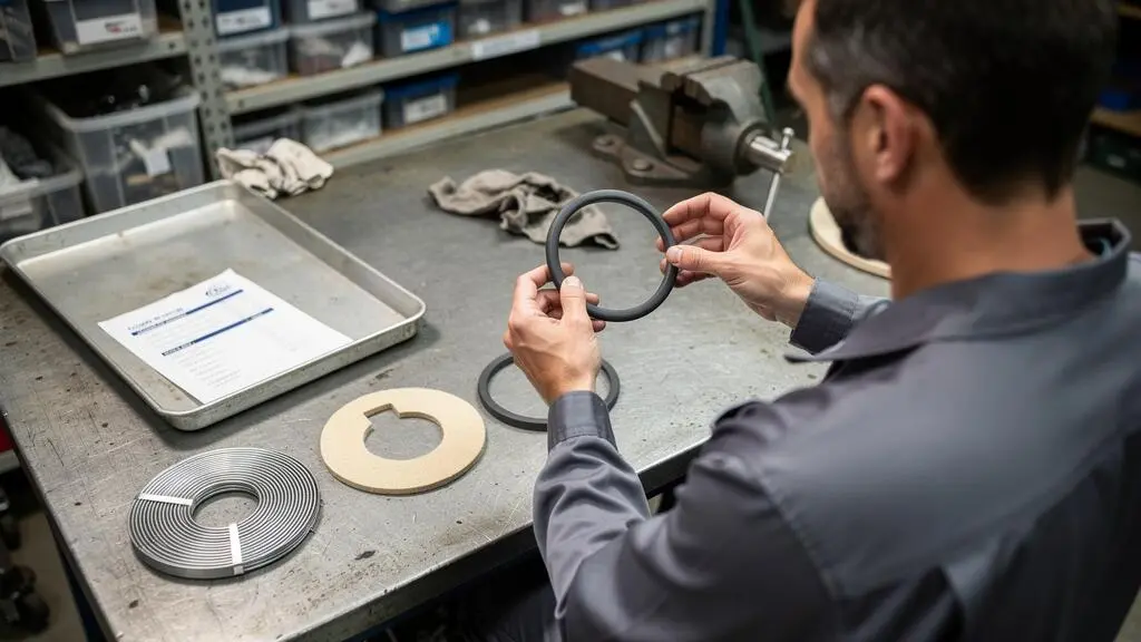 Un technicien examine différents échantillons de joints industriels posés sur un établi d'atelier.