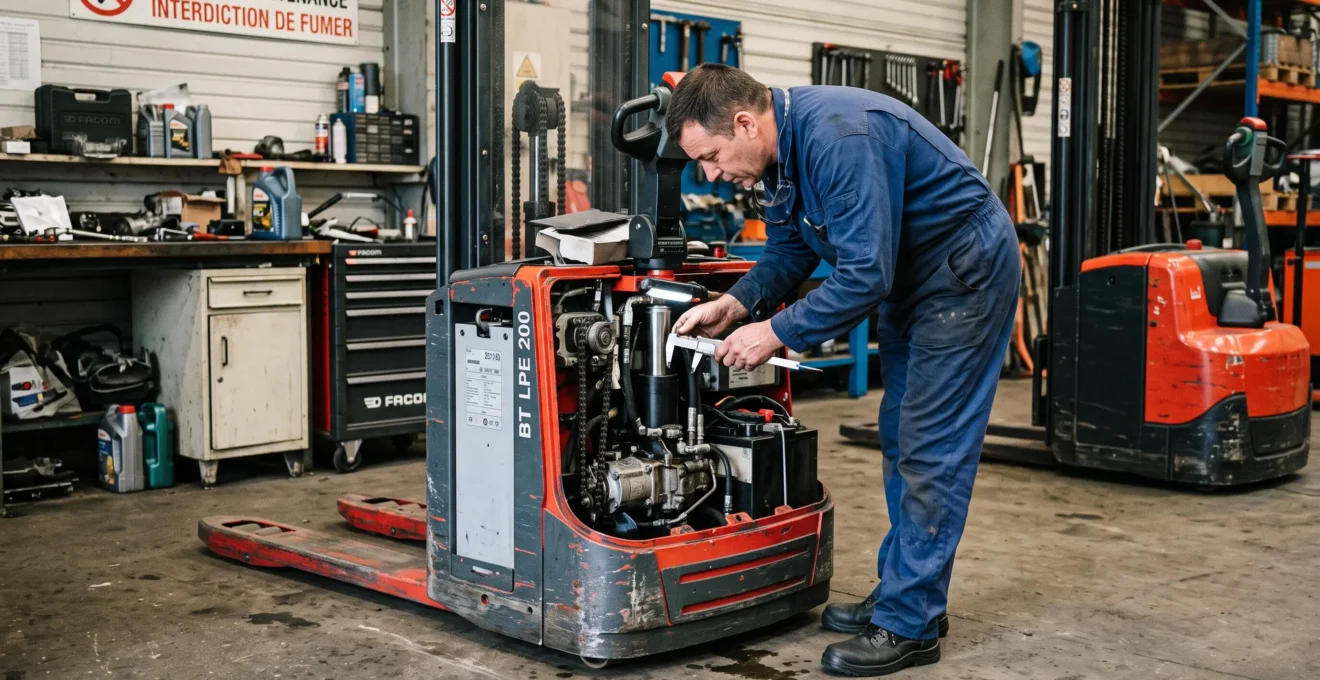 Technicien de maintenance réalisant une inspection de sécurité sur un transpalette électrique