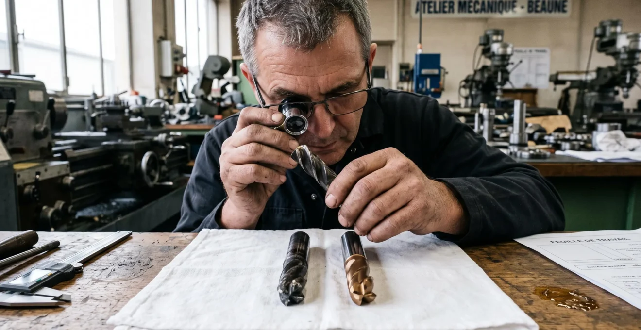 Un machiniste inspecte l'usure d'une fraise usée à côté d'une fraise neuve.